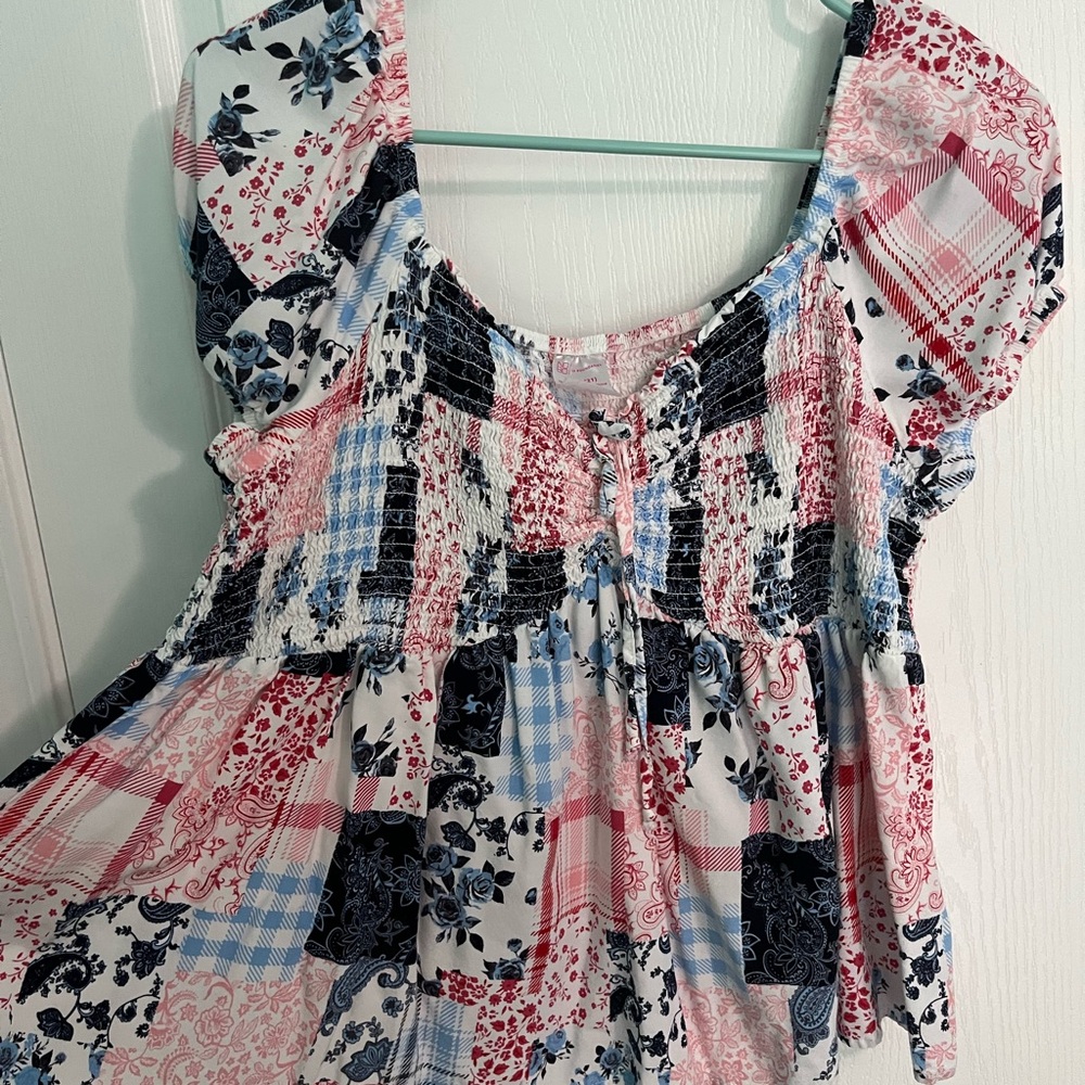 No Boundaries Pink and Blue Flutter Sleeve Smocked Blouse
